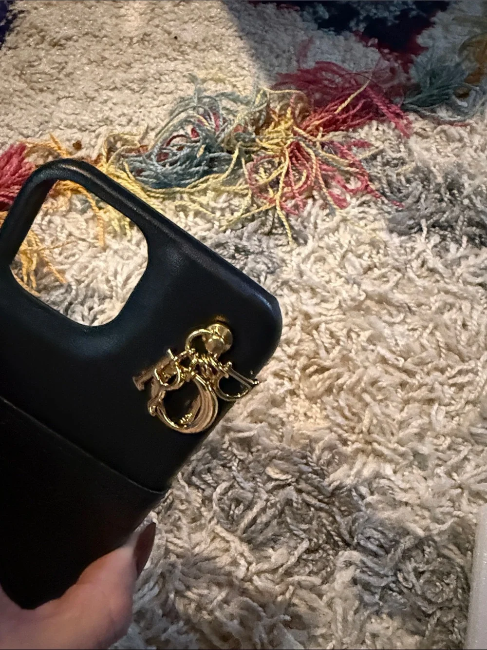 Black Leather-Look Dior Phone Case with Gold Charm